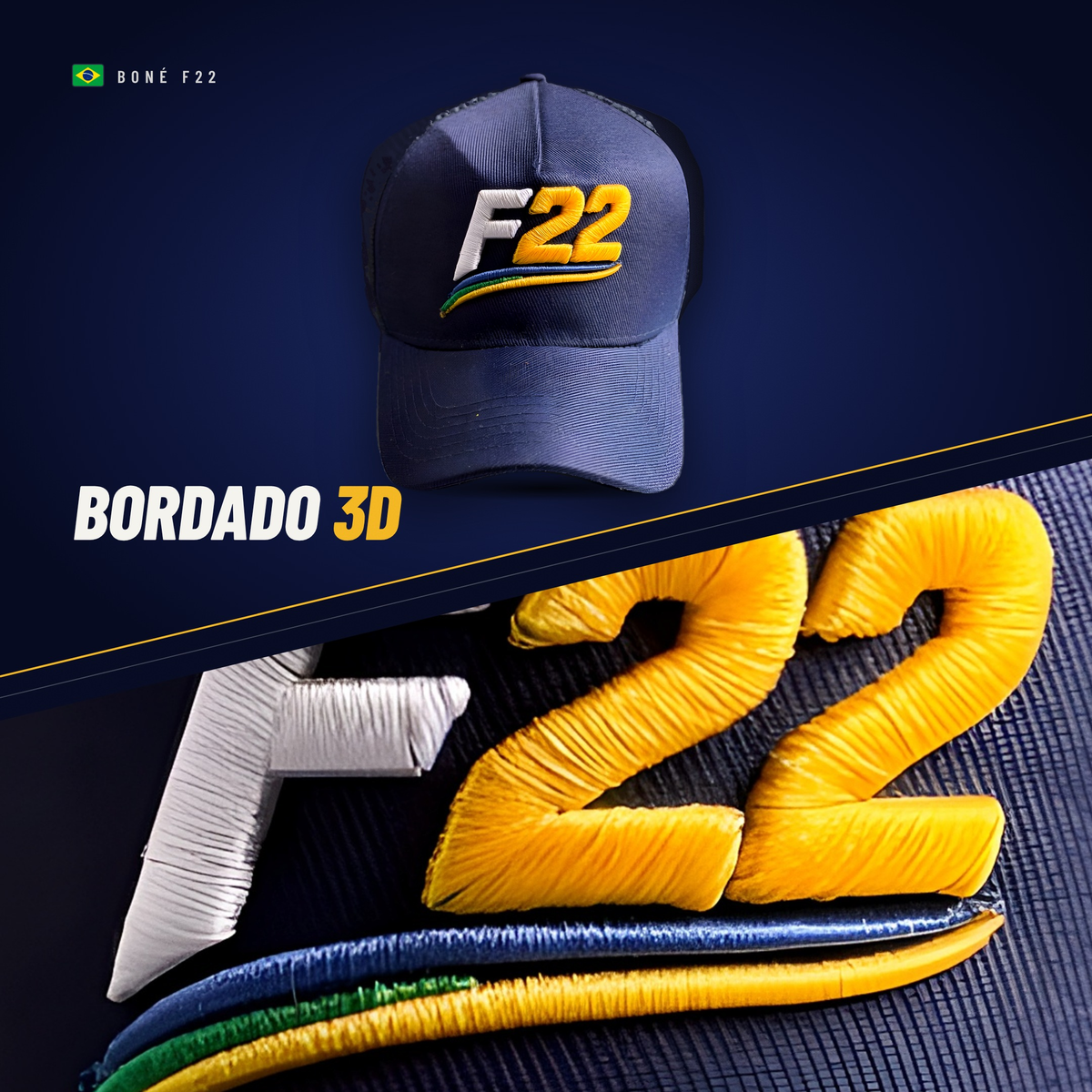Boné F22 com bordado 3D em alto relevo, vista de perto